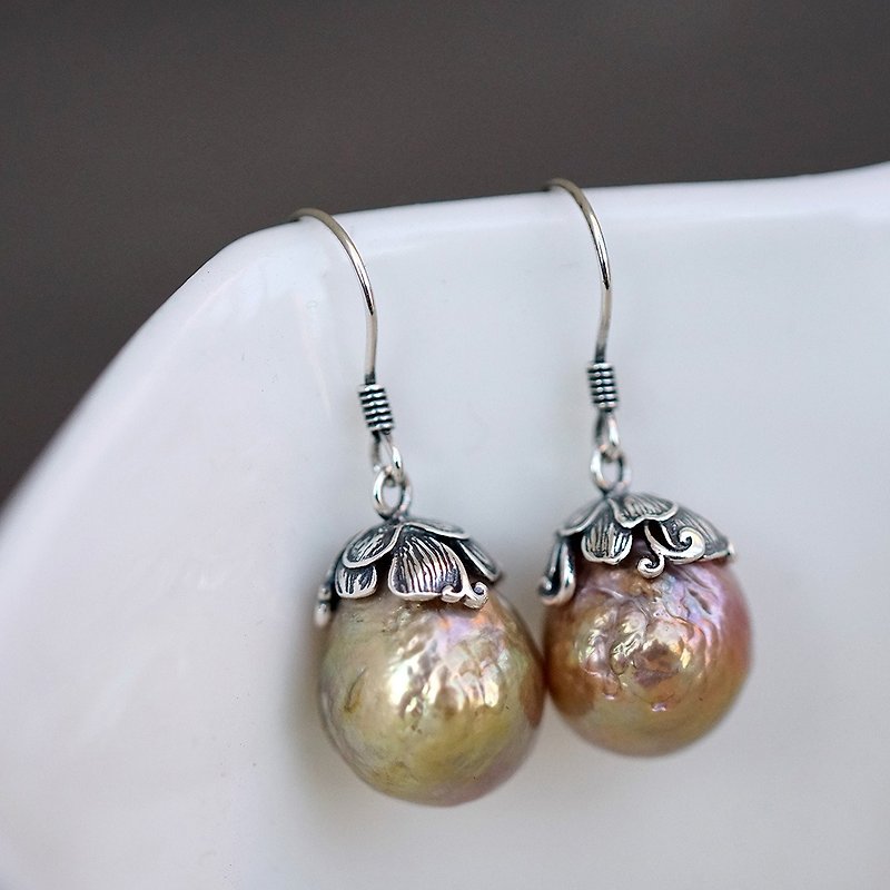 Baroque shaped nucleated pearl earrings VISHI original natural s925 sterling silver handmade jewelry gift - Earrings & Clip-ons - Other Materials 