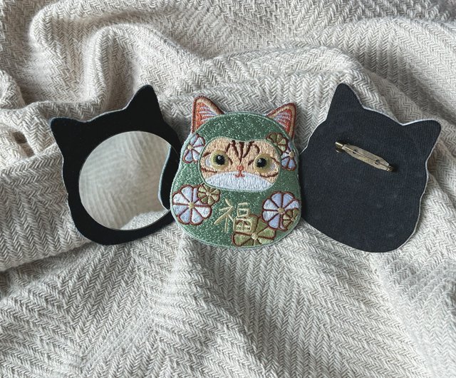 オレンジ猫刺繍ポータブルミラー/ホットステッカー/ピン達磨