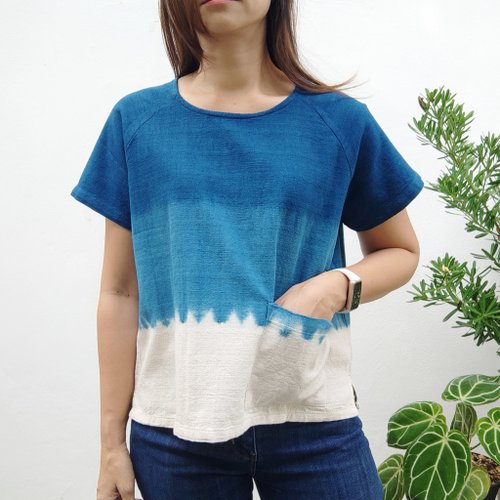 Simple Round Neck A - Indigo Tie Dyed 3 Tone Top - Shop hug-fai