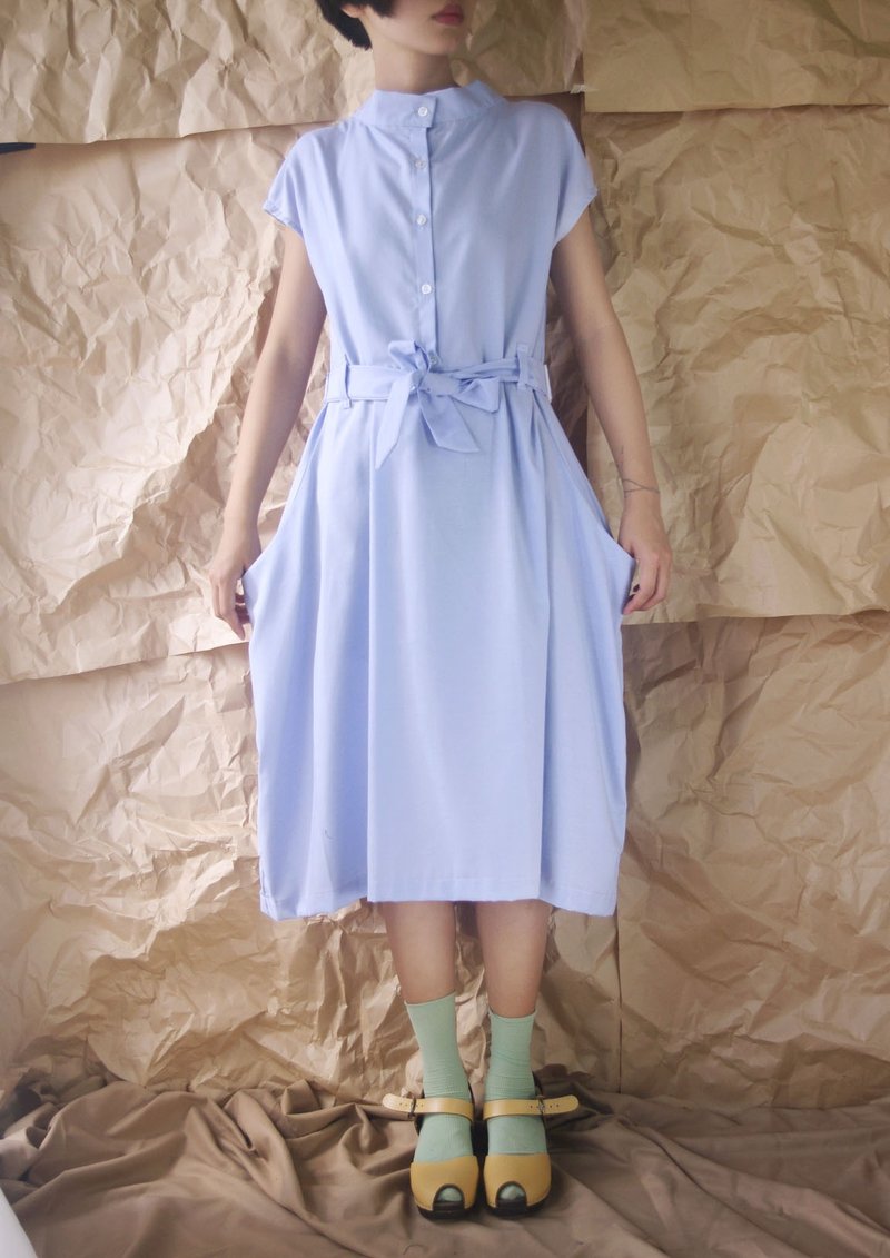 Water blue wide collar double bow big pockets dress - One Piece Dresses - Cotton & Hemp Blue