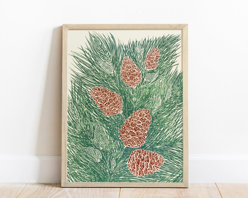 Linocut print Green and brown cones neutral pine tree wall art Original artwork - 海報/掛畫/掛布 - 紙 綠色