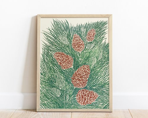 daashart Linocut print Green and brown cones neutral pine tree wall art Original artwork