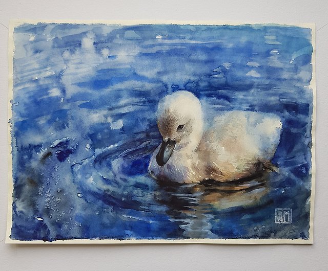 小さな白鳥 – アートワーク手描きの水彩画、紙に - ショップ Arina 