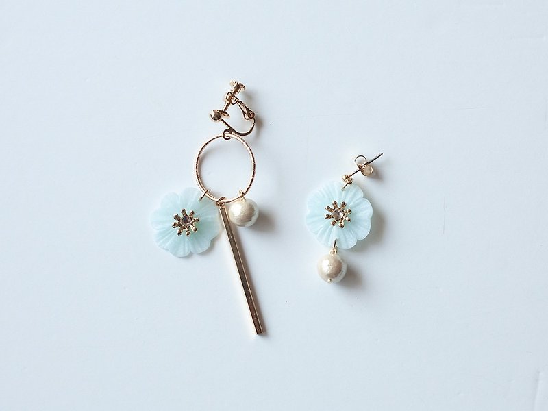 Hoop and flower earrings / earrings / ice blue - Earrings & Clip-ons - Clay Blue