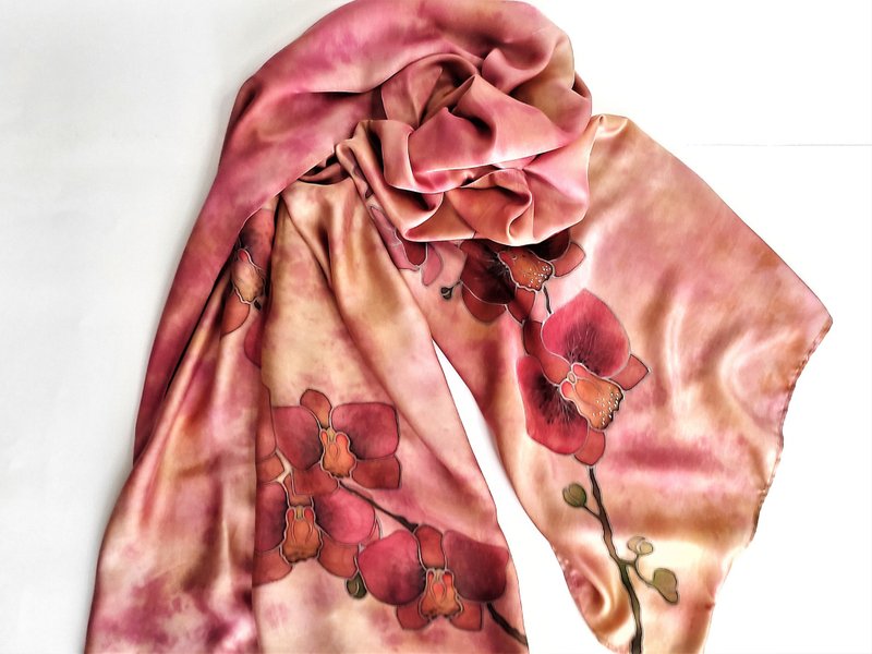 Beautiful long silk scarf Hand painted scarf Orchid print scarf silk satin scarf - 絲巾 - 絲．絹 粉紅色