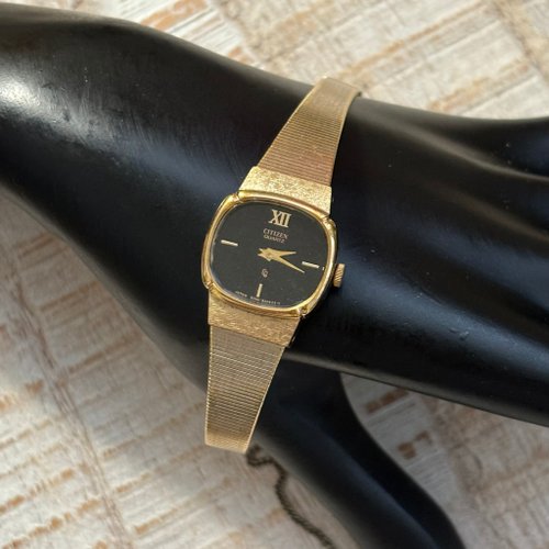 CITIZEN rare barrel-shaped gold case black dial Roman hour markers handmade  strap antique watch