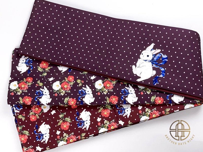 Camellia Rabbit Hanhaba & Polka Dots Obi Belt, Double Sided Obi, Purple and Wine - Belts - Polyester Purple