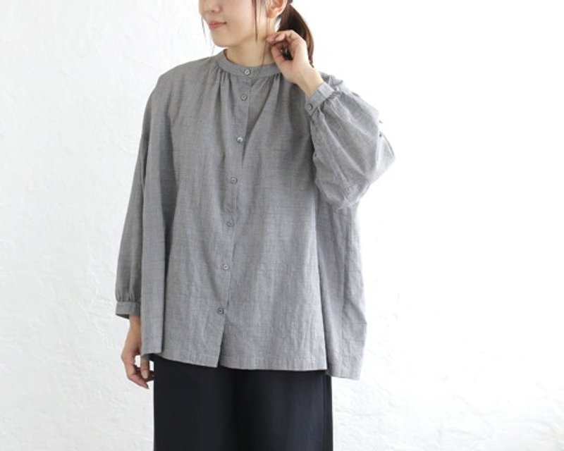 Pinkoi Proxy Purchase - Houndstooth cotton band collar gathered blouse (gray) TP33 - Women's Tops - Cotton & Hemp 