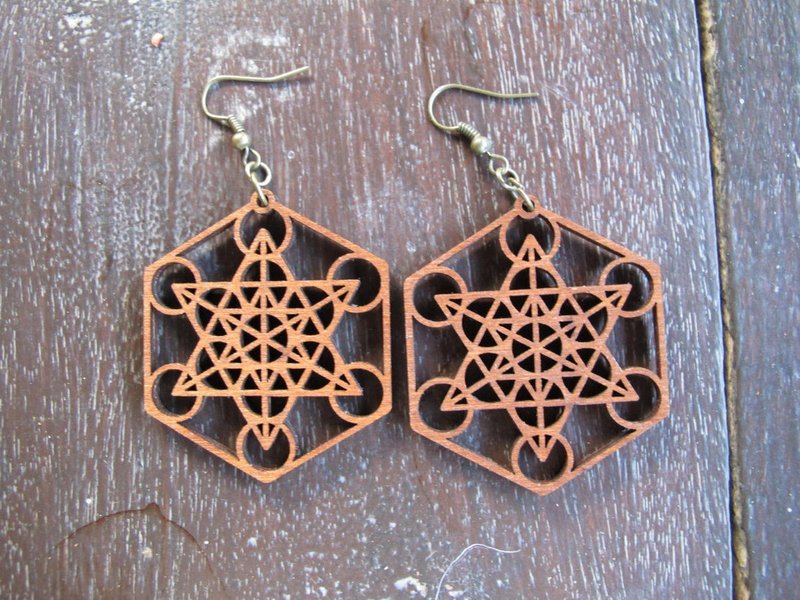 Metathron's Cube earrings wood jewelry - 耳環/耳夾/耳骨夾 - 木頭 咖啡色