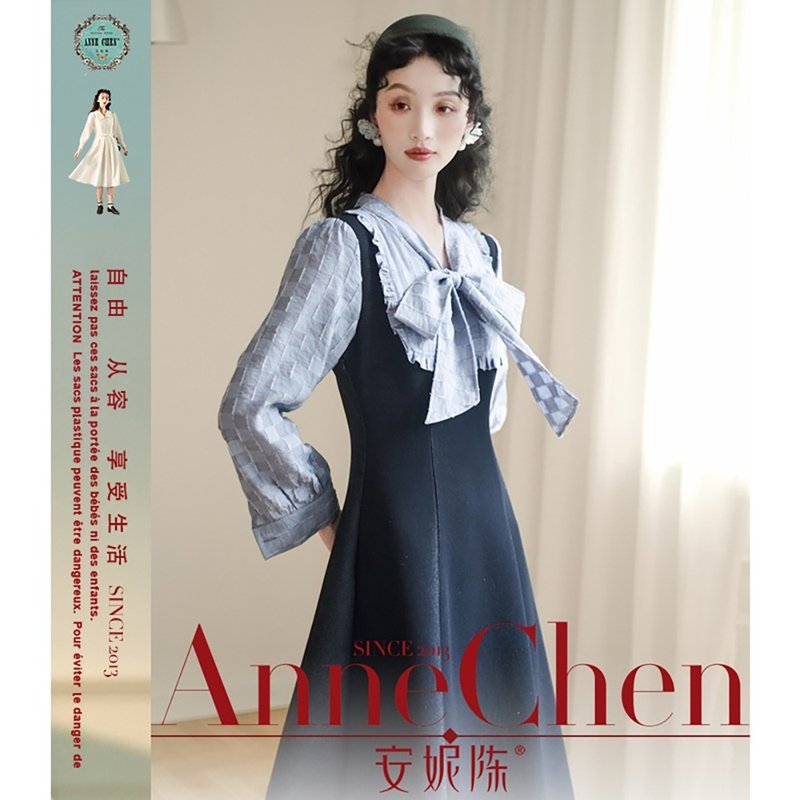 系帶拼色連衣裙MYD15047 - 洋裝/連身裙 - 其他材質 藍色