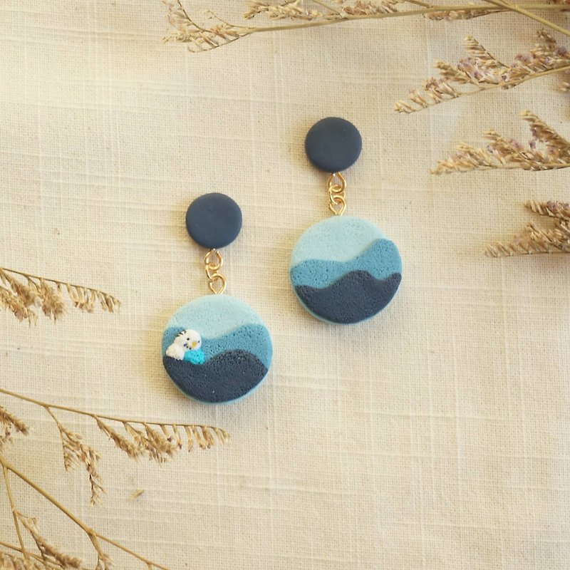[Mountains and rivers] budgerigar bird earrings parrot earrings soft pottery earrings/ Clip-On - ต่างหู - ดินเหนียว สีน้ำเงิน