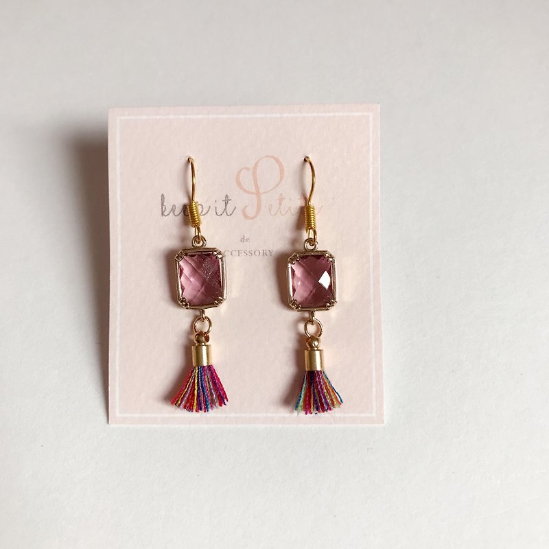 "KeepitPetite" gold-plated square square imitation gemstone · aristocratic violet tassel earrings · hanging ear hook / ear clip - ต่างหู - โลหะ สีม่วง
