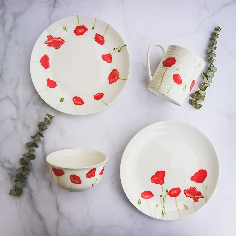 Addictive Poppy 6-piece set (2 plates, 2 cups, 2 bowls) - จานและถาด - เครื่องลายคราม ขาว