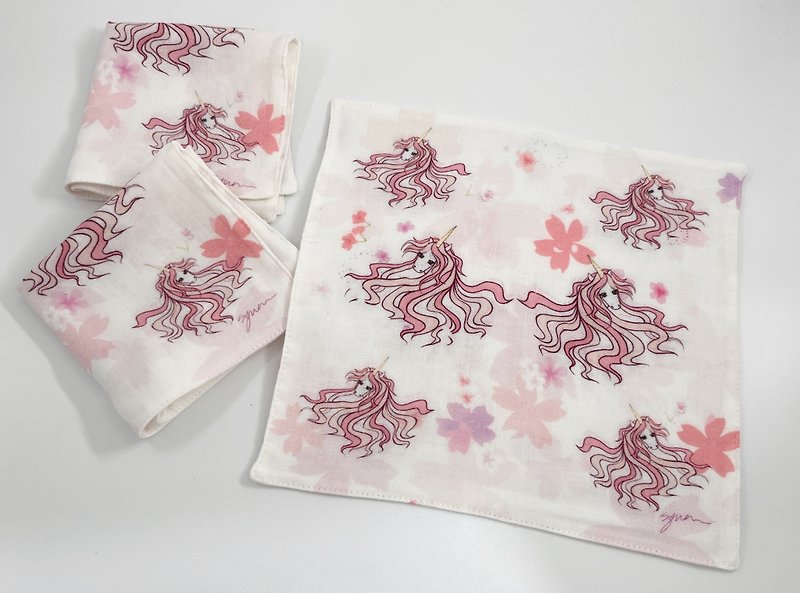 Mother's Day Gift Romantic Sakura Unicorn Bamboo Charcoal Double Yarn Handkerchief - Handkerchiefs & Pocket Squares - Cotton & Hemp 