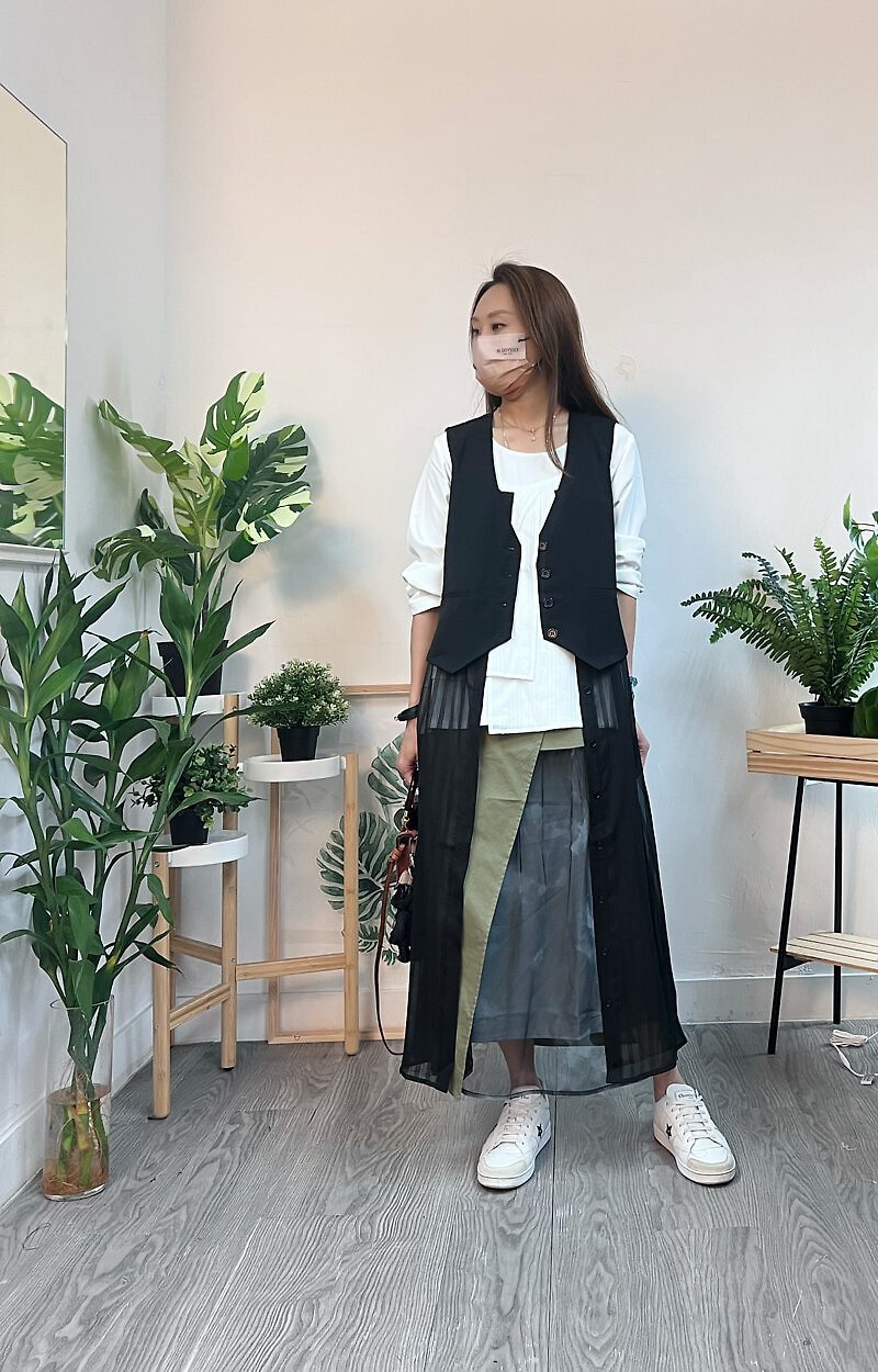 Net OPS with Vest Layer and Build-in Belt 22.168 - Black - 洋裝/連身裙 - 棉．麻 黑色