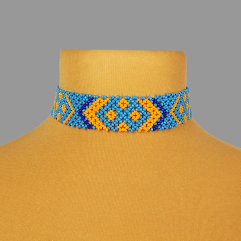 Blue and yellow bead choker trendy jewelry for her - สร้อยคอ - แก้ว สีน้ำเงิน