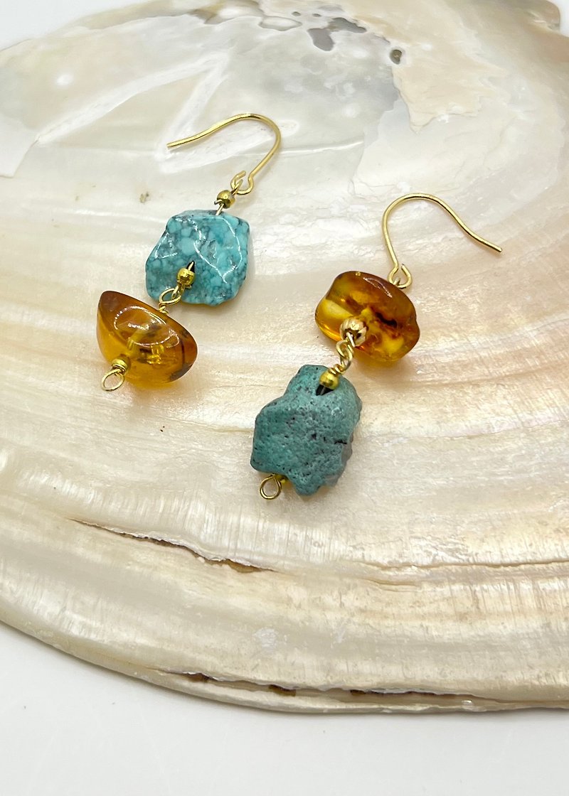 Turquoise Amber Asymmetric Earrings - Earrings & Clip-ons - Semi-Precious Stones Green