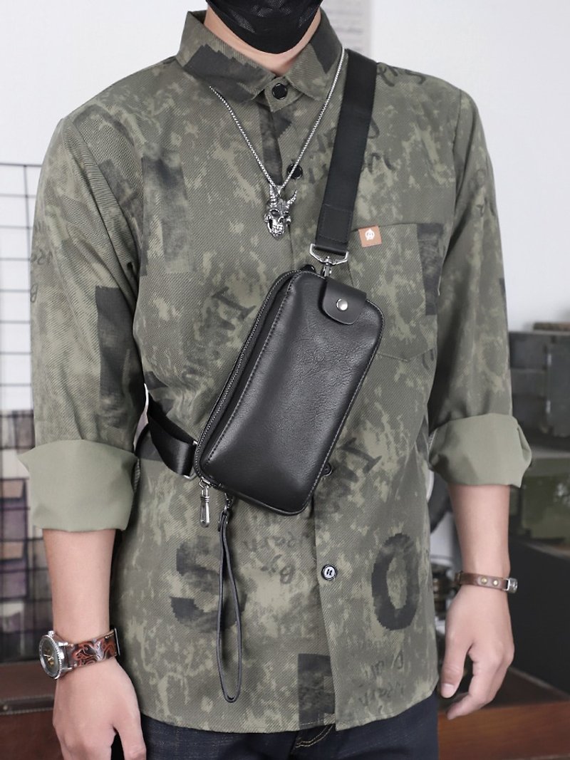 Men Leather Chest Waist Pack Shoulder Bag Genuine Leather Long Clutch Wallet - กระเป๋าแมสเซนเจอร์ - หนังแท้ สีดำ