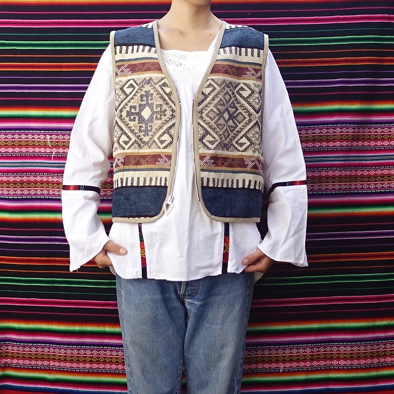 BajuTua / Vintage / American-made Mexican ink-weaving totem vest (both men and women) - เสื้อกั๊กผู้ชาย - ผ้าฝ้าย/ผ้าลินิน สีกากี