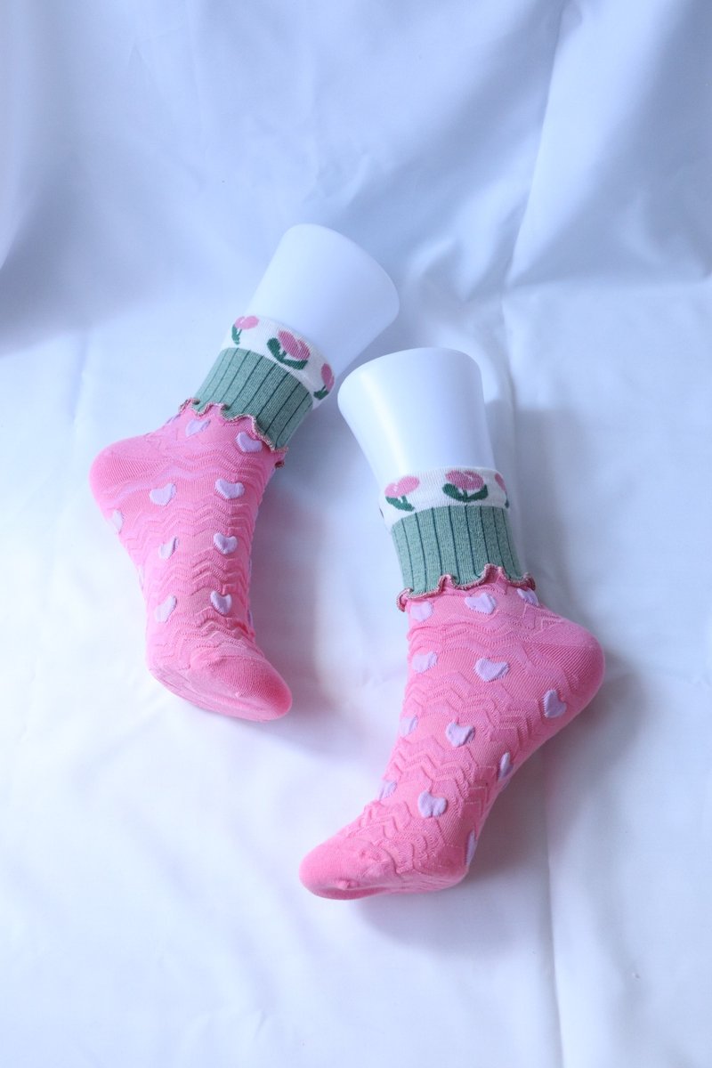 Pink x Green Tulip Colorful Mellow Socks Flashy Socks Unique 22.5-25 Women's Socks - ถุงเท้า - วัสดุอื่นๆ สึชมพู