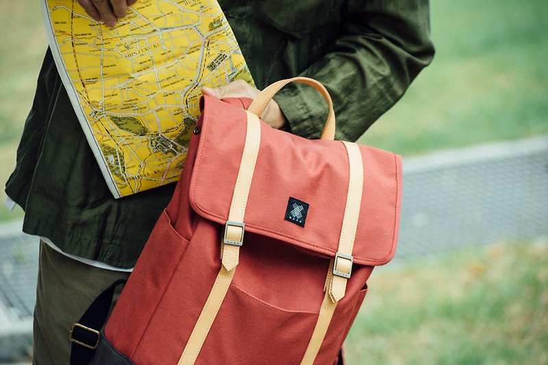 Gift/Design Urban Backpack with Leather Trim - Red - กระเป๋าเป้สะพายหลัง - วัสดุอื่นๆ สีแดง