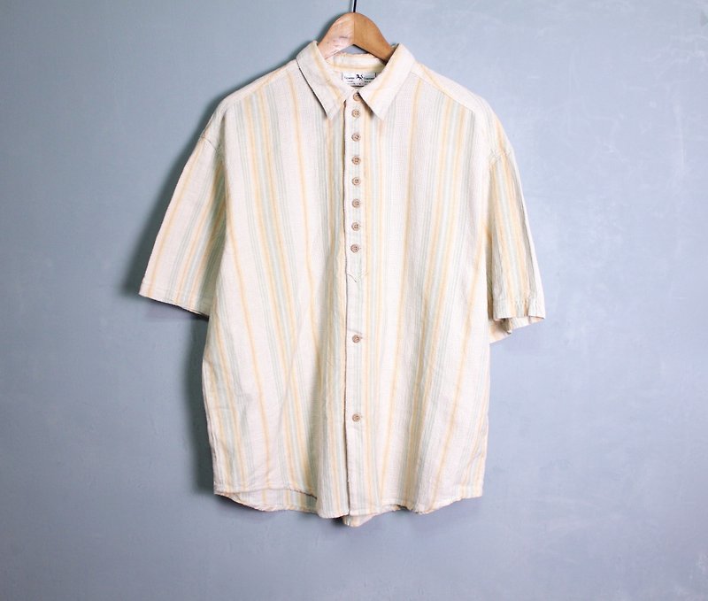 FOAK vintage beige woven striped cotton shirt - เสื้อผู้หญิง - ผ้าฝ้าย/ผ้าลินิน 