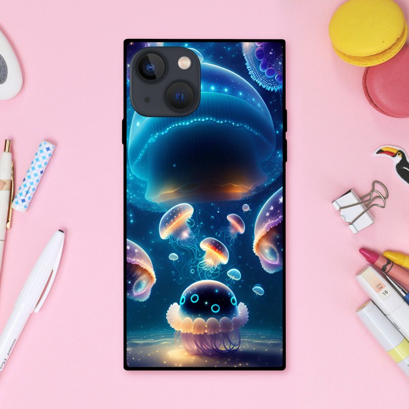 A square smartphone case featuring a jellyfish swimming in the deep sea like space, glowing in gorgeous neon colors [tempered glass finish] for iPhone 16 - เคส/ซองมือถือ - พลาสติก หลากหลายสี