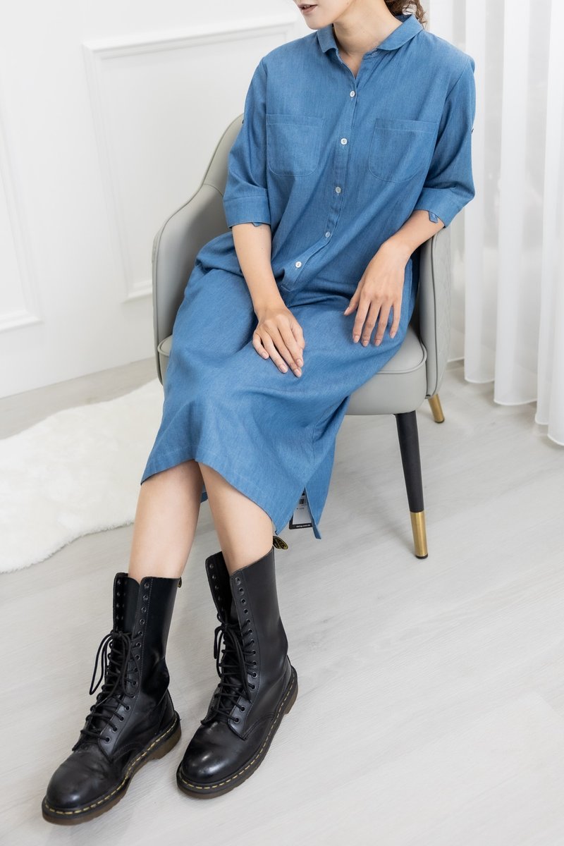 半開襟牛仔棉 五分袖洋裝 牛仔藍 - 女 T 恤 - 棉．麻 藍色