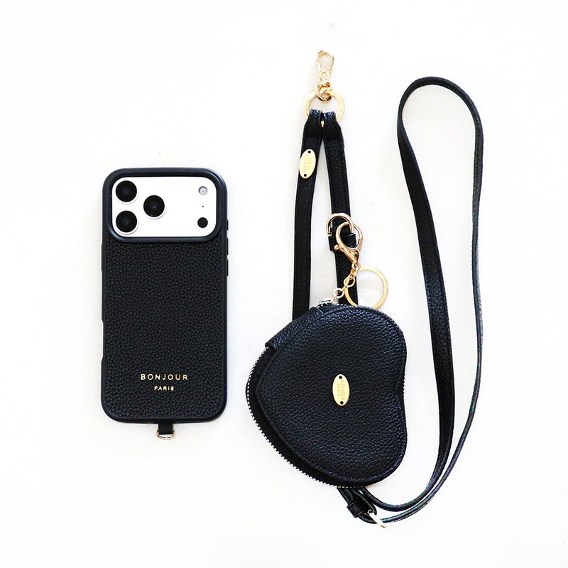 日本新品(殼+掛繩)iPhone17.16.15巴黎瑪黑皮革斜背掛繩手機殼 - 手機殼/手機套 - 人造皮革 黑色