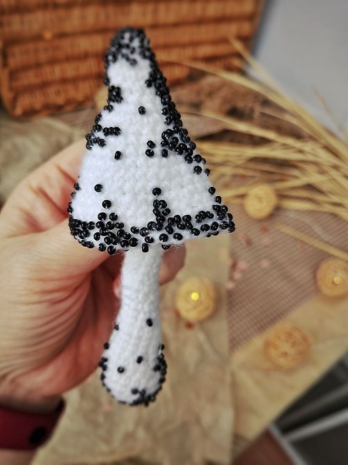 Rizhik_toys Handmade cotton brooch mushroom and beads decor/ white pins/ BOHO brooch gift