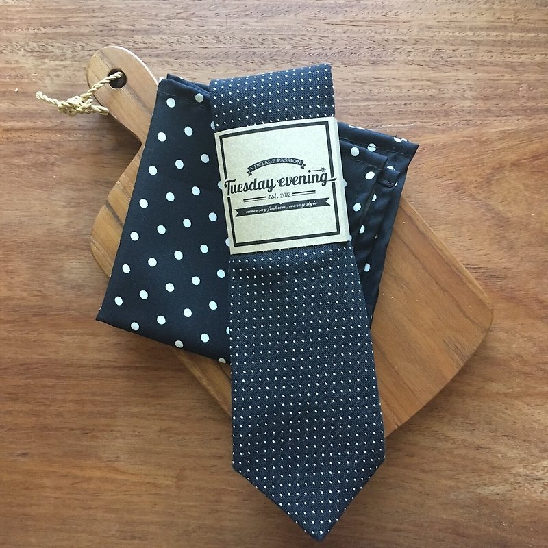 Black Polka Dot Tie Set - 領帶/領帶夾 - 棉．麻 黑色