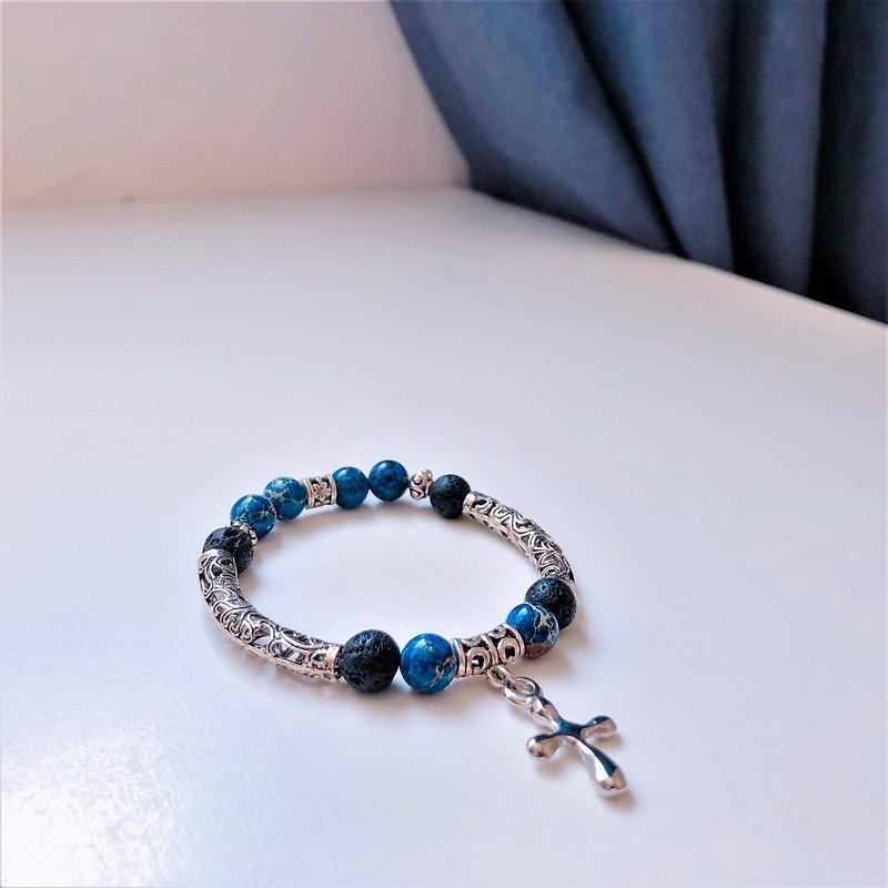 [Autumn and winter new fashion] tribal carved volcanic rock emperor Stone ore bracelet - สร้อยข้อมือ - วัสดุอื่นๆ สีน้ำเงิน