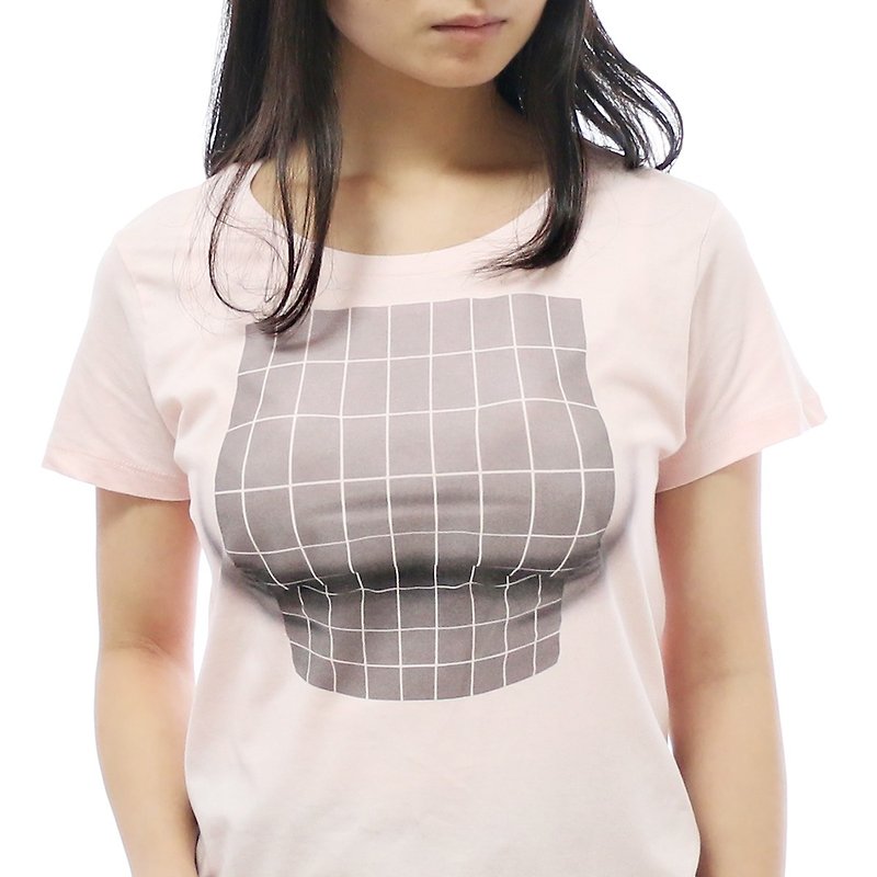Mousou Mapping T-shirt/ Illusion grid/ PINK - Women's T-Shirts - Cotton & Hemp Pink