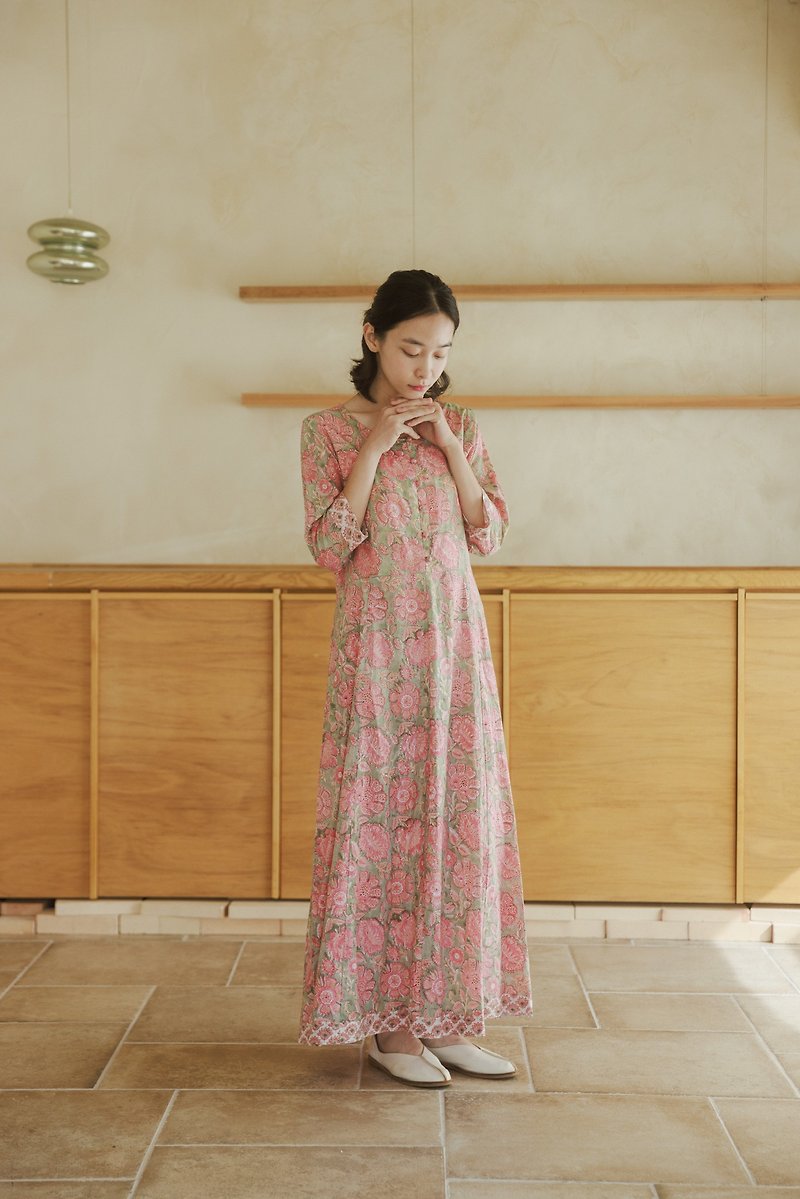 Round neck slim fit patchwork dress_pink - ชุดเดรส - ผ้าฝ้าย/ผ้าลินิน 