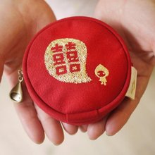 ダブルハピネス刺繍コイン収納ラウンドバッグ結婚祝い