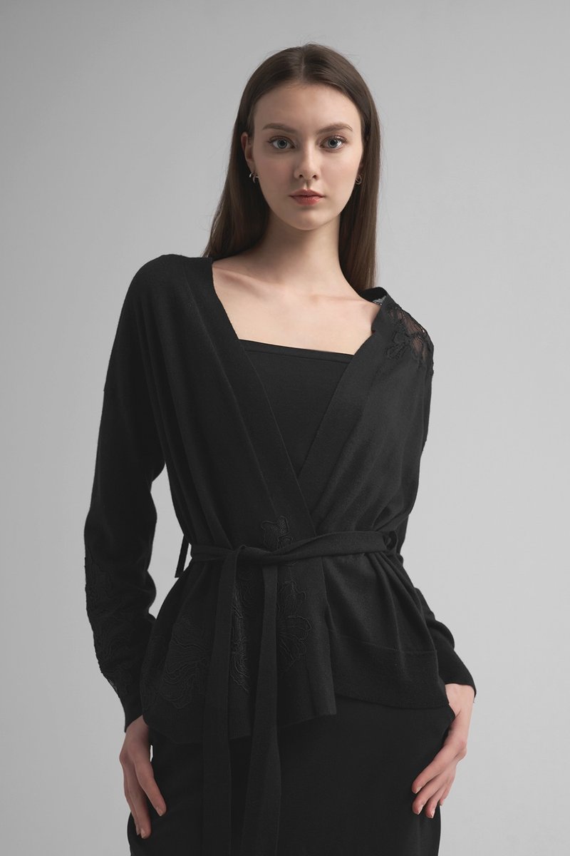 Joelene左岸街頭開襟綁帶緹花針織外套 - 女毛衣/針織衫 - 羊毛 