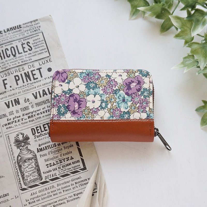 青紫の花柄◆小さなラウンドファスナー財布 - 零錢包/小錢包 - 棉．麻 紫色