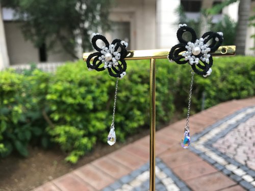 Keng's Design 手織立體花耳環 禮物 多種戴法 Swarovski 防敏 黑色