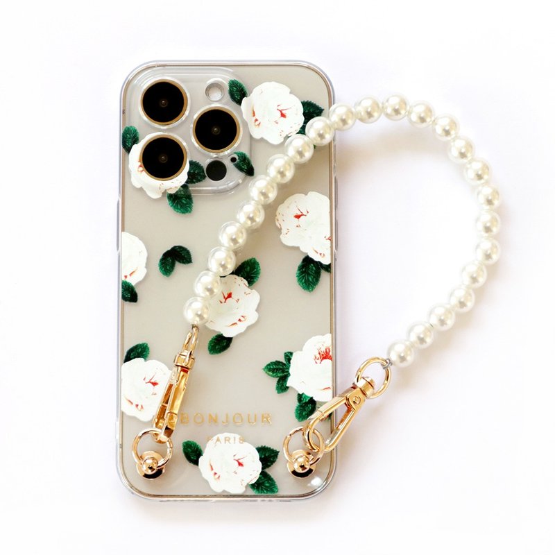 iPhone16/15/14/13/12 Paris Hibiscus transparent phone case (with double-button pearl wrist chain) - เคส/ซองมือถือ - พลาสติก หลากหลายสี