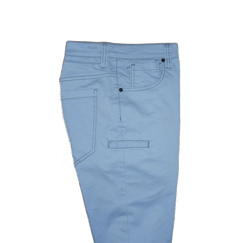 TO005 Tokyo Light Blue Nine-Pocket Traveler Pants - กางเกงขายาว - ผ้าฝ้าย/ผ้าลินิน สีน้ำเงิน