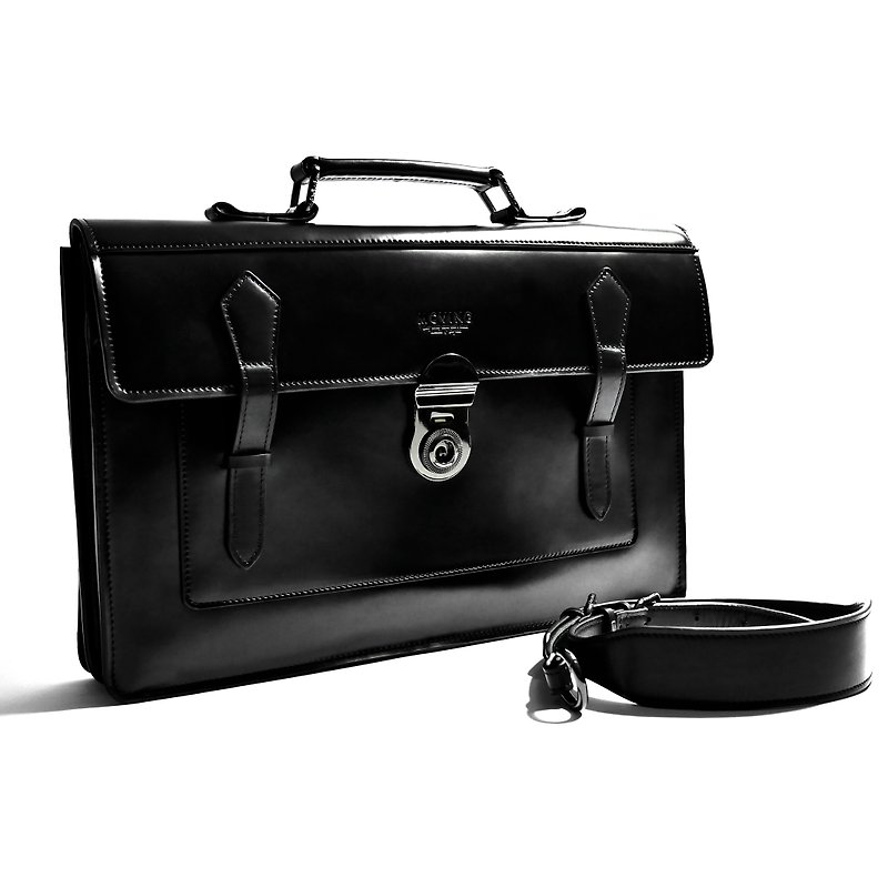 Full black cowhide business school bag - large (titanium button) - กระเป๋าเอกสาร - หนังแท้ สีดำ