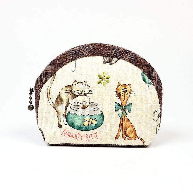 Hand holding purse cosmetic bag - naughty cat (coffee) - Coin Purses - Cotton & Hemp Brown