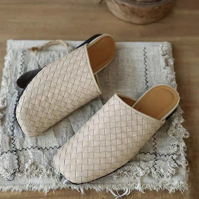 Mules simple women's shoes handmade woven women's shoes - รองเท้าหนังผู้หญิง - หนังแท้ สีกากี