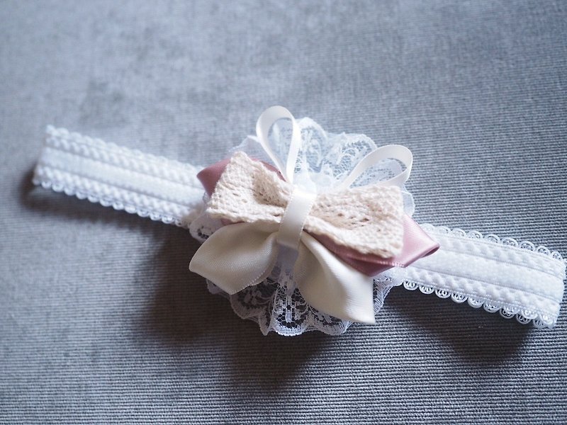 Handmade ribbon bow headband and hair clip set - หมวกเด็ก - ผ้าฝ้าย/ผ้าลินิน สีกากี