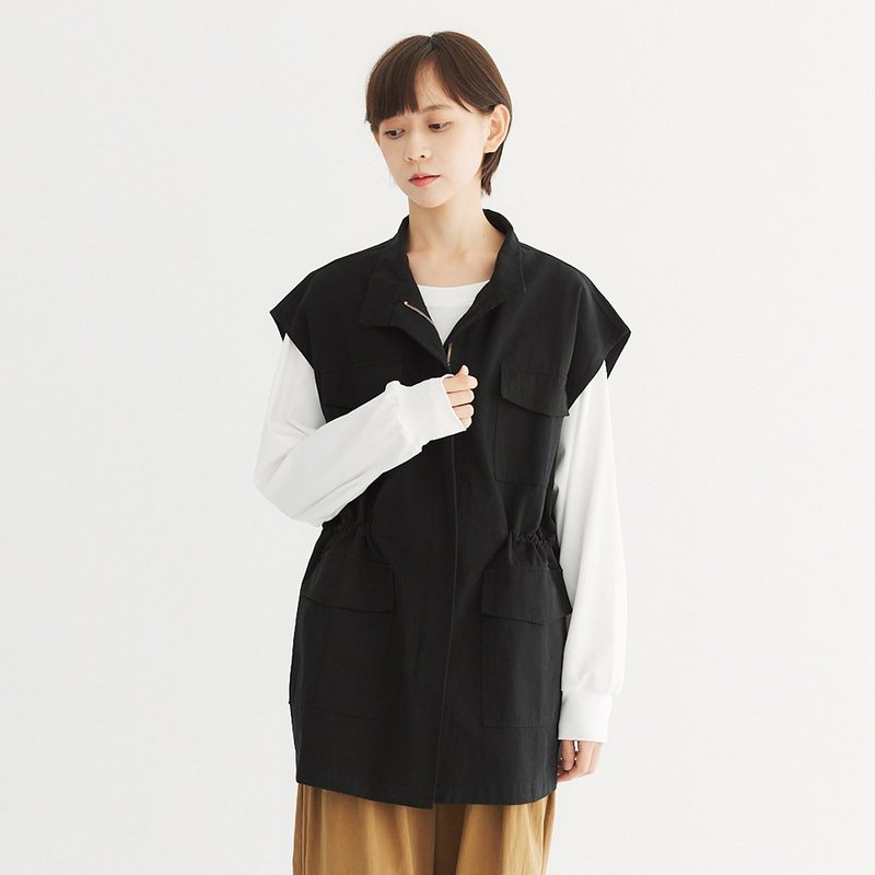 【Simply Yours】內抽繩縮腰工裝背心外套 黑F - 背心/無袖上衣 - 棉．麻 黑色