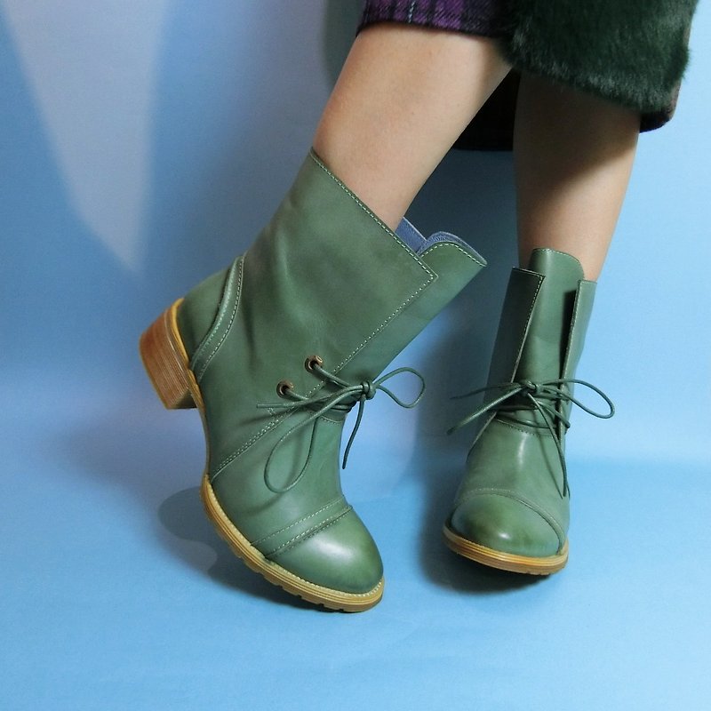 Thick heel leather cowboy boots | | Bremen winter unplugged fruit green ||#8085 - รองเท้าบูทสั้นผู้หญิง - หนังแท้ สีเขียว