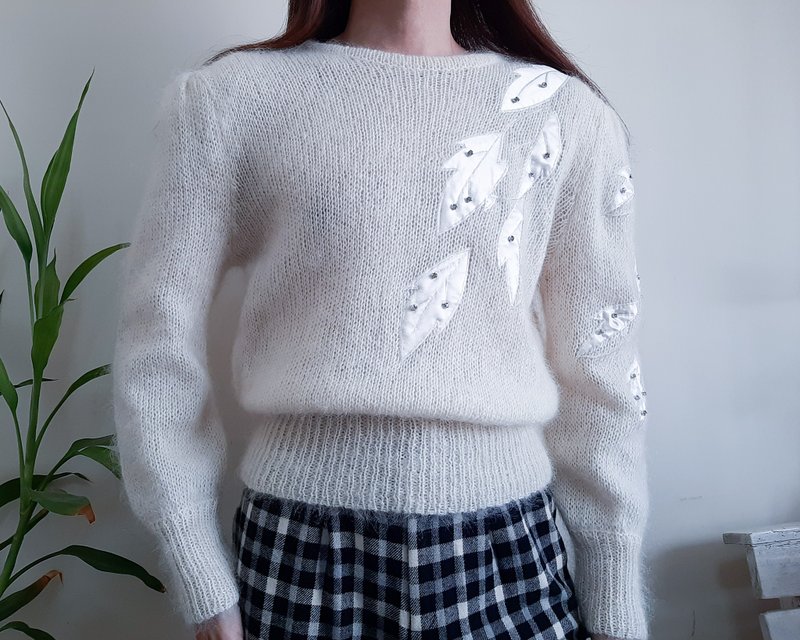 Vintage White Ivory Puff Sleeve Knitwear Pullover Sweater Shoulder Pads Size M-L - Women's Sweaters - Wool White