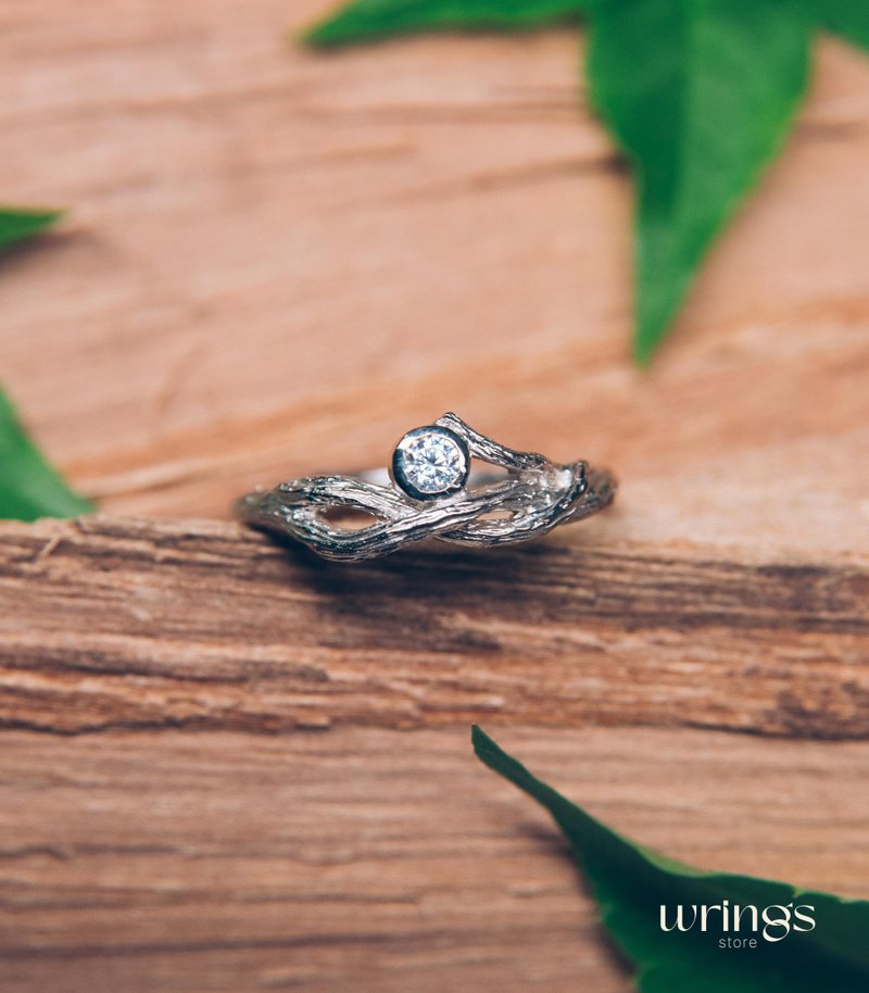 Unique Braided Forest Tree Branch Engagement Ring Custom Gemstone - General Rings - Silver Transparent