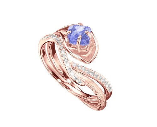 Majade Jewelry Design 坦桑石14k金鑽石馬蹄蓮結婚戒指組合 海芋花原石密鑲求婚戒指套裝
