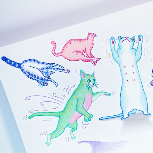 ╰ LAZY DUO TATTOO ╮ 粉色迷幻小貓咪日常派對日本風動物插畫紋身貼紙香港刺青原創手繪